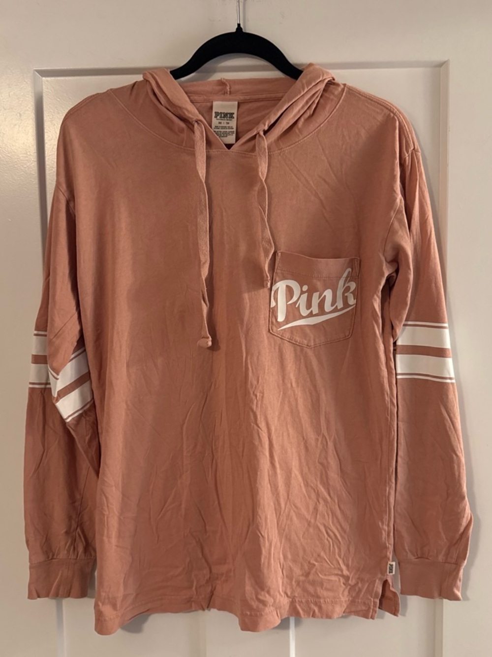 PINK Victoria's Secret Dusty Rose Hoodie Tee with White Stripe Sleeves